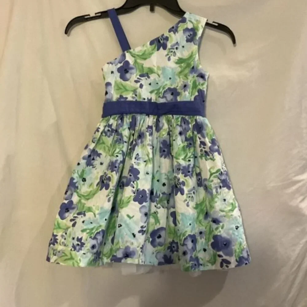 Dressed Up by Gymboree Girls 6 Blue Green Floral One Shoulder Dress Formal